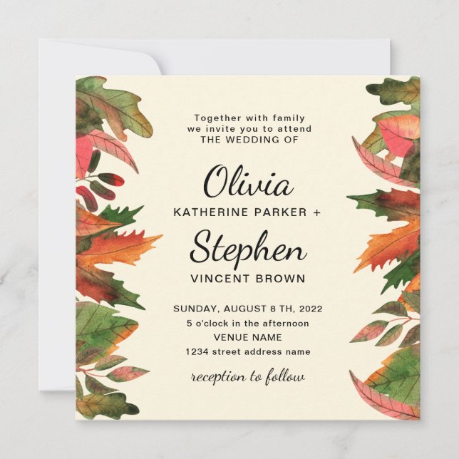 Invitation Les feuilles tombent. Mariage botanique gracieux d (Devant)