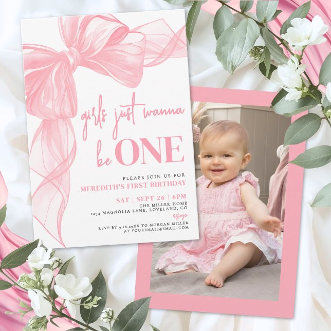 Invitation Les Filles au Ruban Rose Veulent Tout Simplement Ê (Pink Bow Girls Just Wanna Be ONE 1st Birthday Invitation)