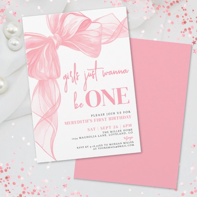 Invitation Les Filles au Ruban Rose Veulent tout simplement ê (Pink Bow Girls Just Wanna Be ONE 1st Birthday Invitation)