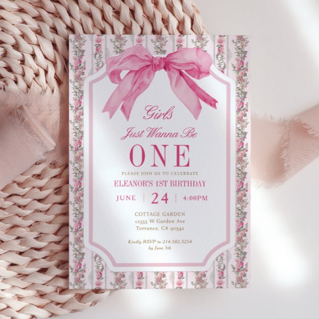 Invitation Les Filles De Bow Rose Voulaient Être Un 1Er Anniv (Créateur téléchargé)