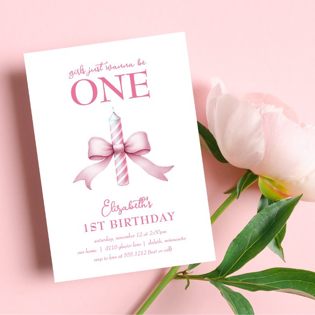 Invitation Les Filles De Bow Rose Voulaient Être Un 1Er Anniv (Pink Bow Girls Just Wanna Be One 1st Birthday Invitation)
