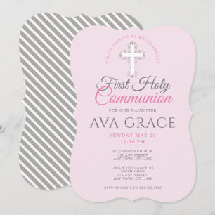Invitation Les filles première sainte communion Croix rose In