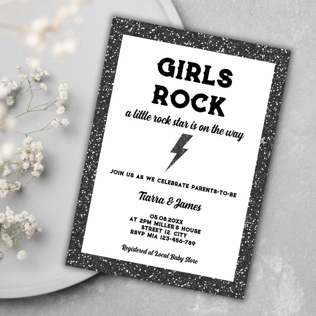 Invitation Les Filles Rock Black Rock Et Roll Girl Baby showe (girls rock little rock star rock and roll girl baby shower invitation)