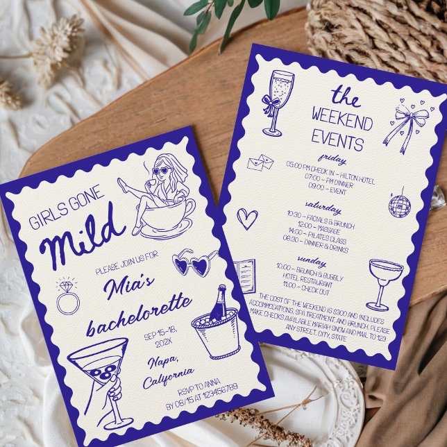 Invitation Les Filles Sont Passées Spa Jour Léger Main Dessin (Girls Gone Mild Bachelorette Weekend Invitation Blue Hand Drawn Spa Day Casual Cute)