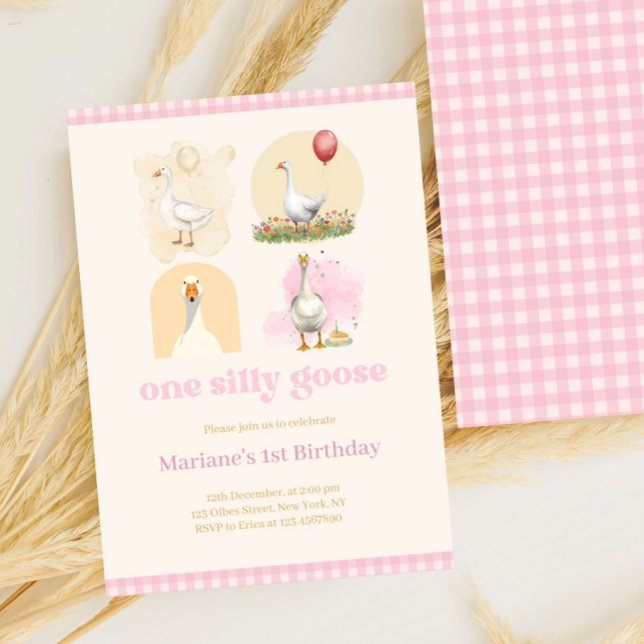 Invitation Les filles une oie sotte rose premier anniversaire (one silly goose, 1st birthday, farm, girls first birthday girl, pink gingham, whimsical, pastel pink)