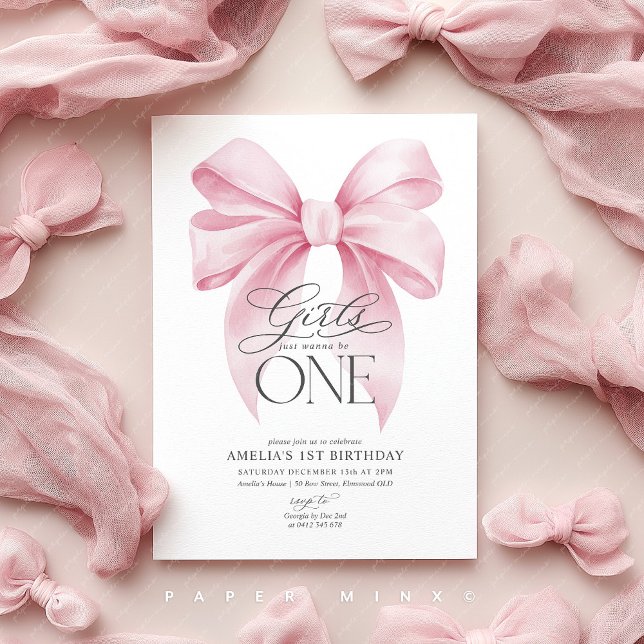 Invitation Les filles veulent juste être UNE Fête d'anniversa (Pink Bow Invite | Girls 1st birthday party)