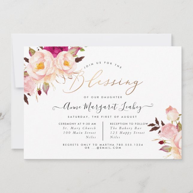 Invitation Les fleurs d'aquarelle Blush Peonies Bénédiction (Devant)