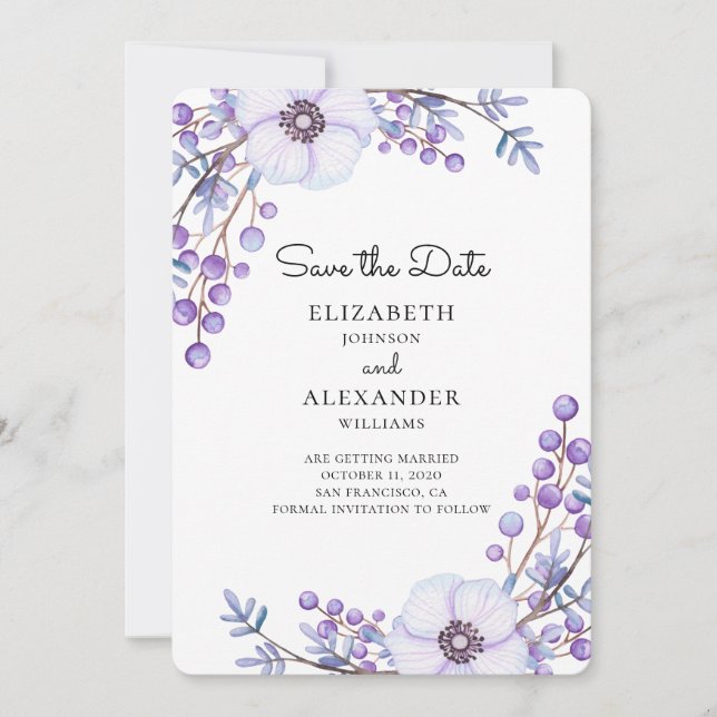 Invitation Les fleurs violettes sauvent la date. Mariage bota (Devant)