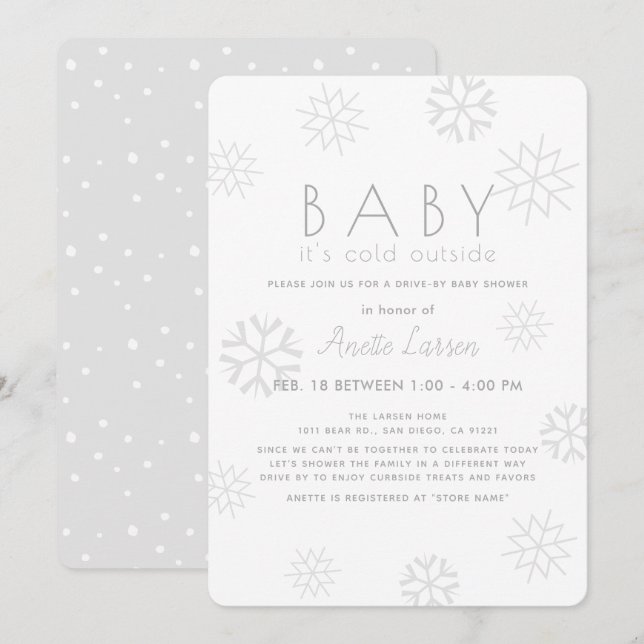 Invitation Les flocons de neige Baby Son Baby shower gris fro (Devant / Derrière)