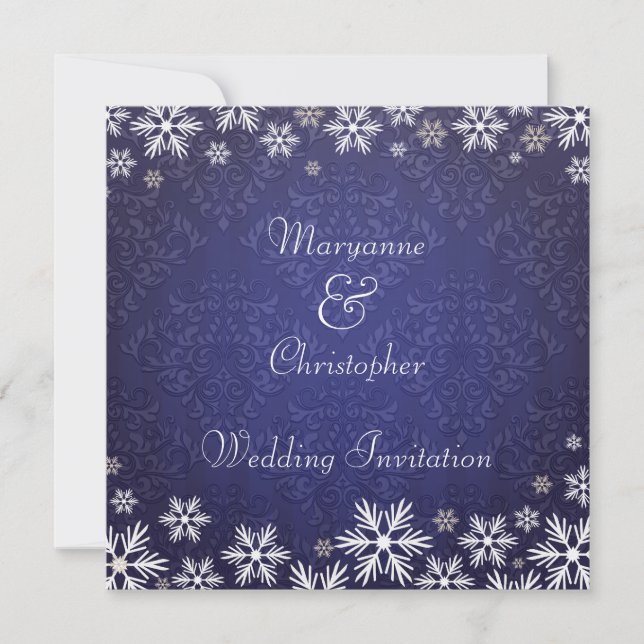 Invitation Les flocons de neige et le Mariage damassé bleu (Devant)