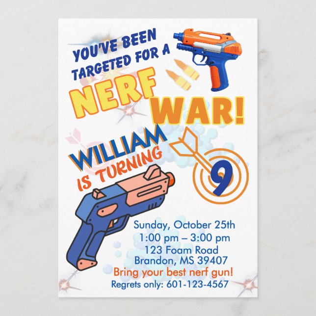 Invitation Les garçons Blue Orange BD Party - Guerre Nerf 9e  (Devant)