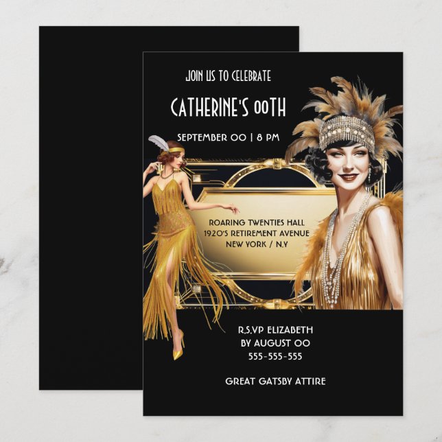 Invitation Les grandes filles Gatsby Frappe d'or noir anniver (Devant / Derrière)