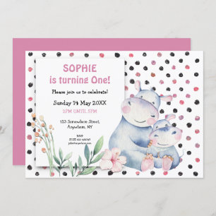 Invitation Les jolies hippopotames Dots roses Filles Première