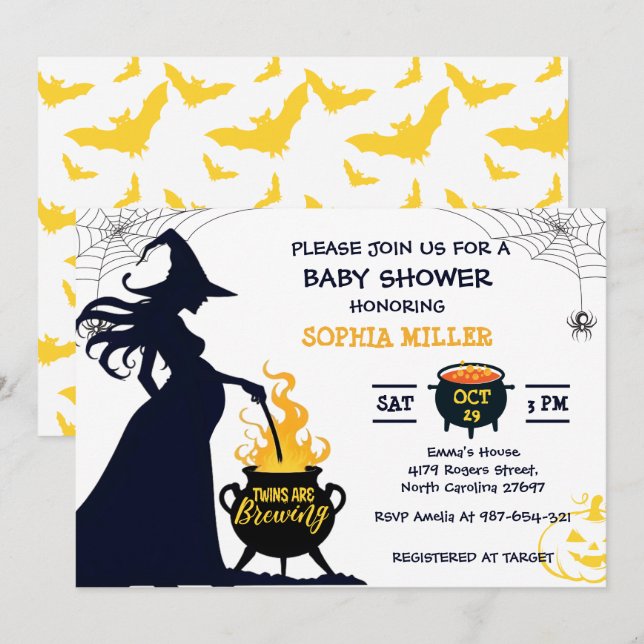 Invitation Les jumeaux brassent la sorcière de douche Hallowe (Devant / Derrière)