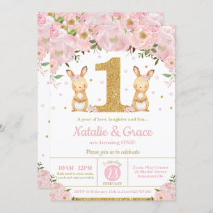 Invitation Les jumelles de Lapin Rabbit Twin 1er Anniversaire