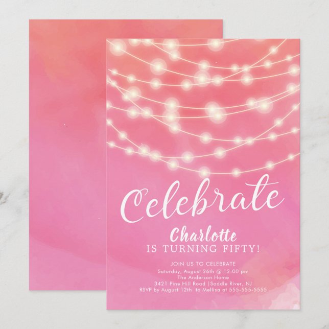 Invitation Les lampes à cordes célèbrent l'invitation d'anniv (Devant / Derrière)