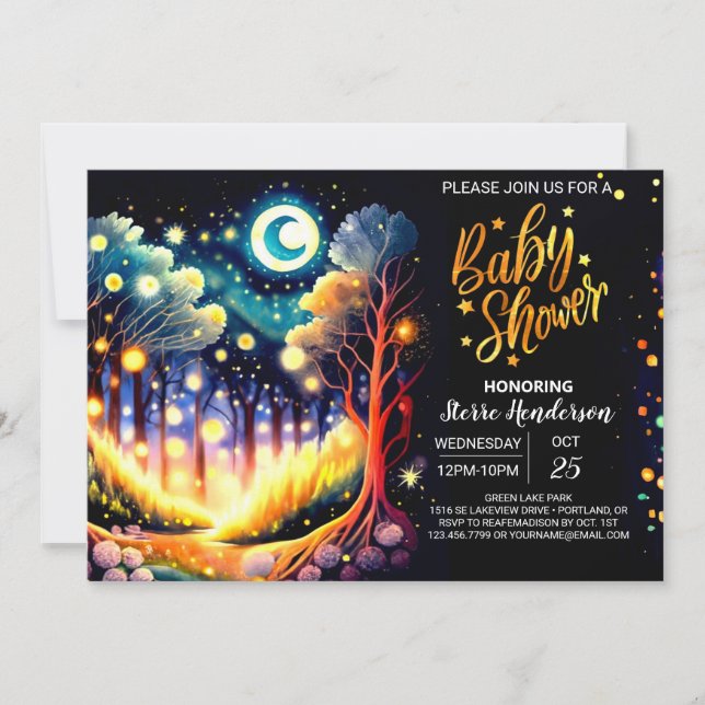 Invitation Les lucioles dansent Baby shower forestier enchant (Devant)