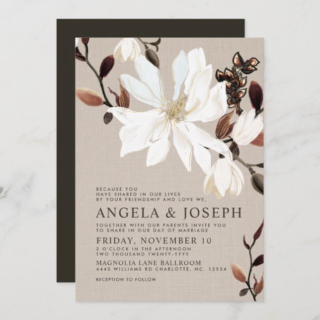 Invitation Les Magnolias en fleurs Burlap| Mariage Brown (Devant / Derrière)