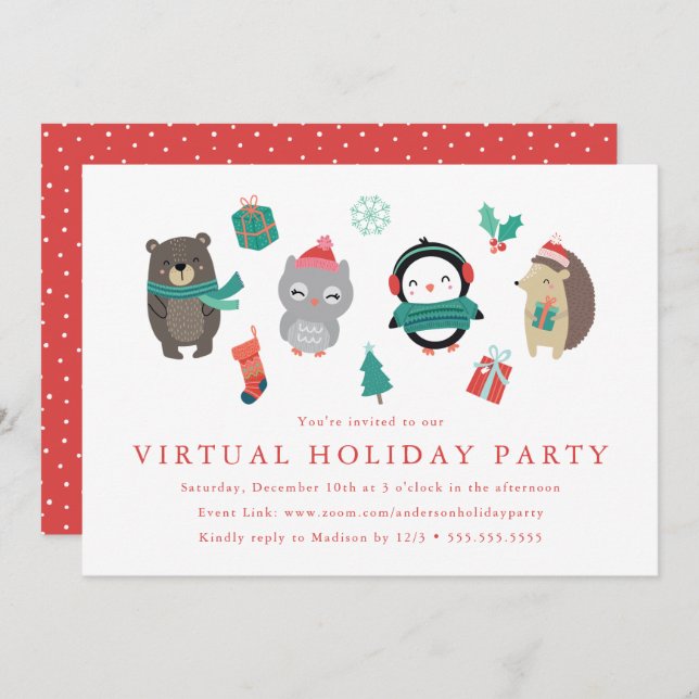 Invitation Les mignons amis d'hiver Fête virtuelle des enfant (Devant / Derrière)