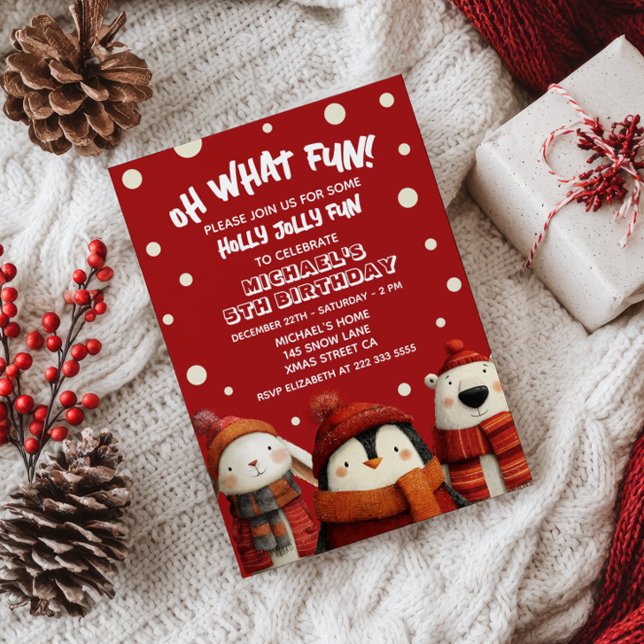 Invitation Les mignons animaux Red Festive Noël Enfants Fête  (Créateur téléchargé)