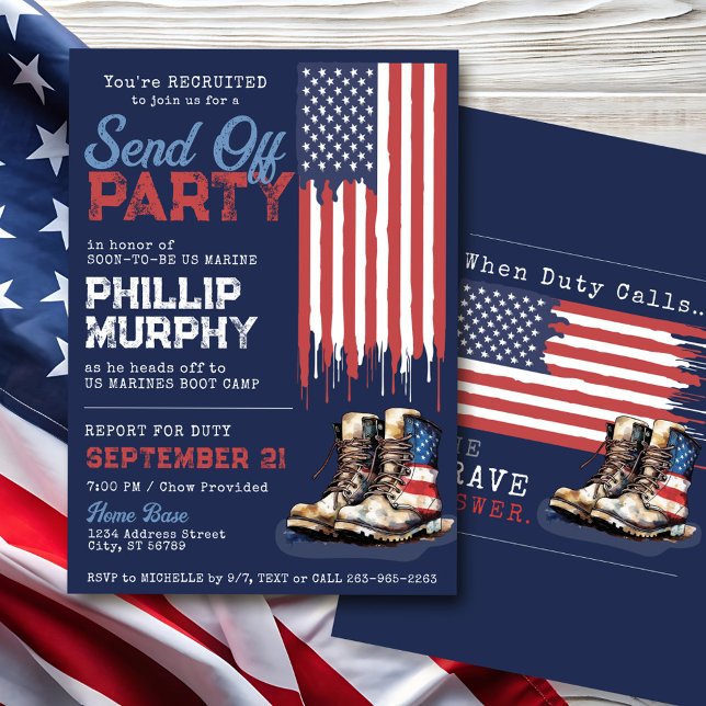 Invitation Les militaires envoient la fête des bottes du drap (Navy blue USA drip flag boot camp US military Marines Air Force Army going away party invitation)