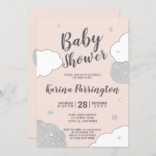 Invitation Les nuages roses d'argent étoilés baby shower