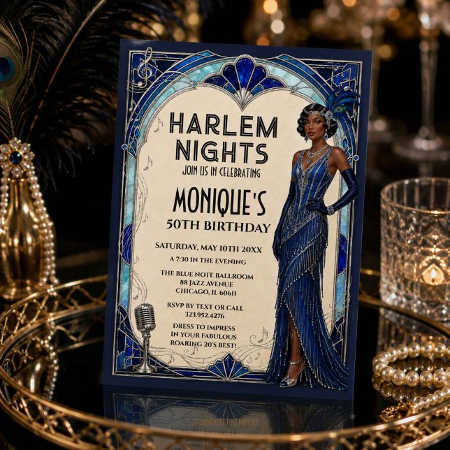 Invitation Les nuits de Harlem Roaring 20s Blue Sapphire Jazz (Harlem Nights Roaring 20s Blue Sapphire Jazz Age Invitation printed and digital download)