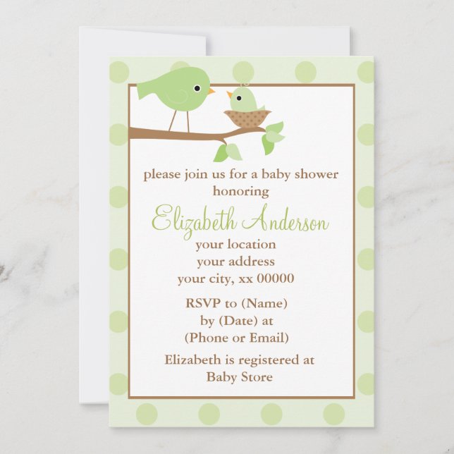 Invitation Les oiseaux verts dans un Baby shower de nids (Devant)