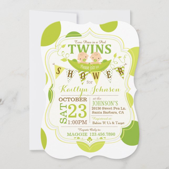 Invitation Les petits pois dans un Baby shower de Pod Twins I (Devant)