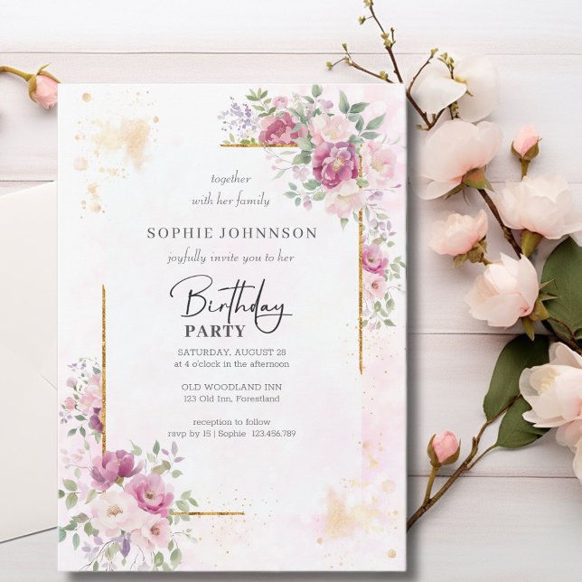 Invitation Les pivoines avec cadre or (Créateur téléchargé)
