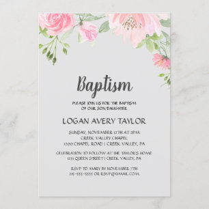 Invitation Les pivoines blush sur le baptême gris