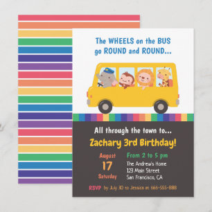 Invitation Les roues du bus Animaux mignons Fête d'anniversai