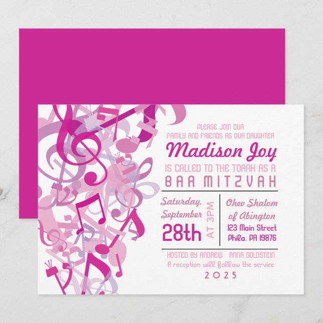 Invitation LES SONS DE L'Invitation Bat mitzvah Rose DE TORAH (Devant / Derrière)