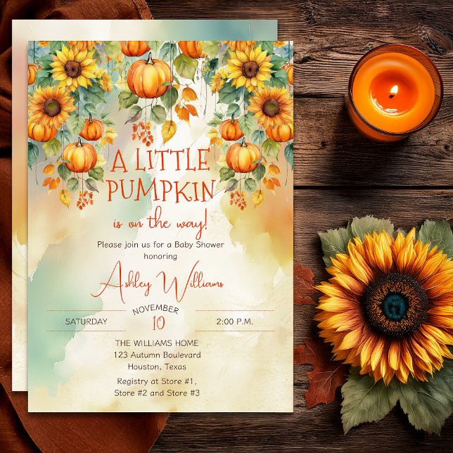 Invitation Les Tournesols Tombent Un Petit Baby shower Citrou ("A Little Pumpkin Is On The Way!" Fall | Autumn Sunflowers and Pumpkins Baby Shower Invitation )