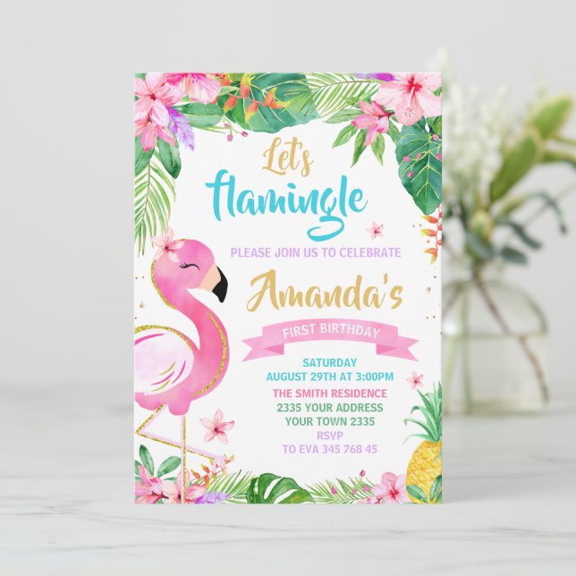 Invitation Let’s Flamingle Birthday (Debout devant)