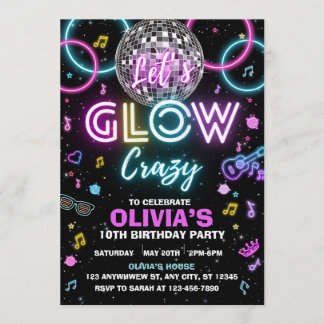 Invitation Let’s Glow Crazy disco party invite - disco ball