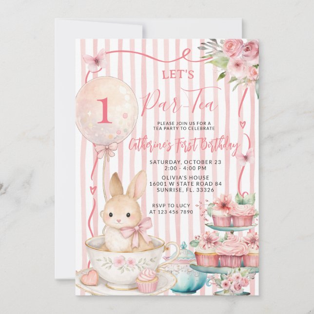 Invitation Let’s Par Tea Pink Striped Bunny Party Birthday (Devant)