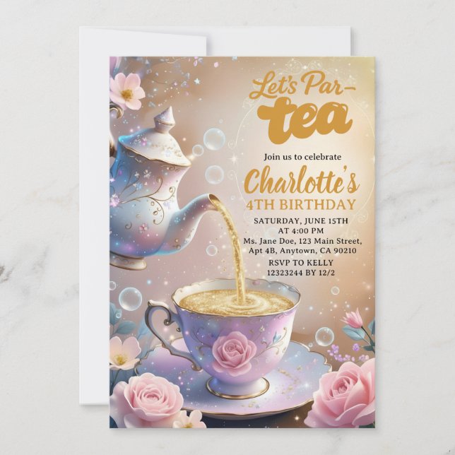 Invitation Let’s Par‑Tea Teacup & Teapot Tea Party Birthday (Devant)