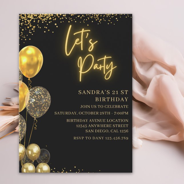 Invitation Let’s Party- elegant Birthday with Golden balloons (Créateur téléchargé)