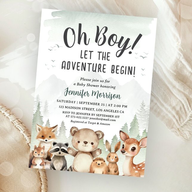 Invitation Let The Adventure Begin Baby Shower Boy Woodland (Créateur téléchargé)