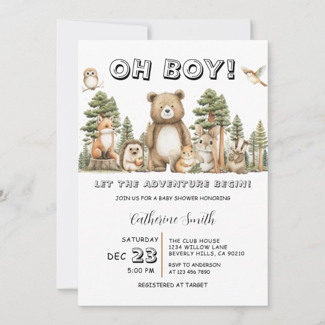 Invitation Let the Adventure Begin Woodland Baby Shower (Devant)