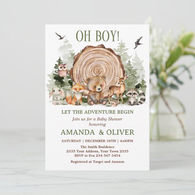 Invitation Let the Adventure Begin Woodland Boy Baby Shower (Debout devant)