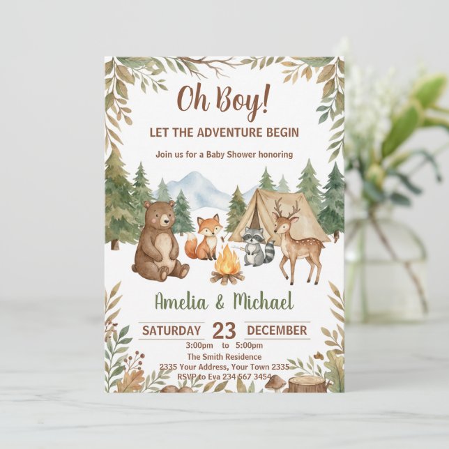 Invitation Let the Adventure Begin Woodland Boy Baby Shower (Debout devant)