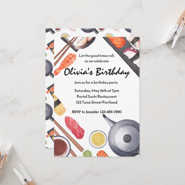 Invitation Let the Good Times Roll Sushi Party Anniversaire (Devant/Arrière en situation)