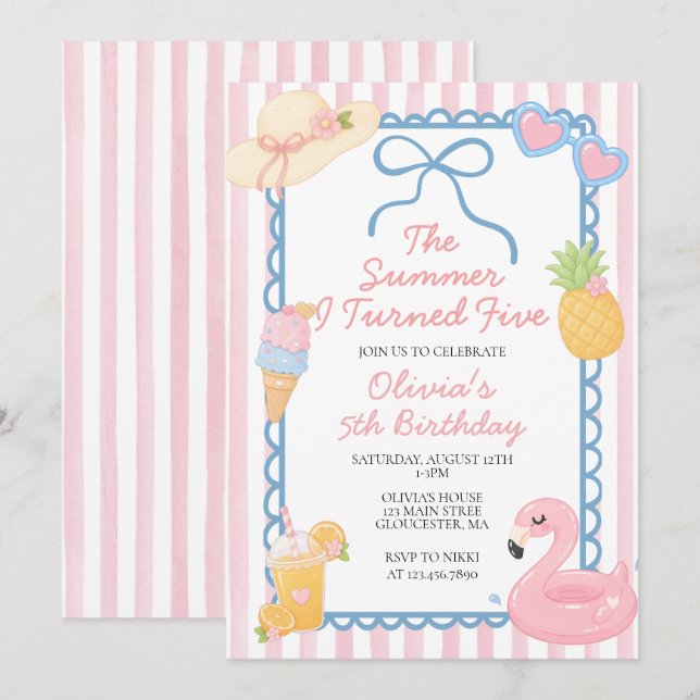 Invitation L'été où j'ai eu cinq ans Fête d'anniversaire sur  (Devant / Derrière)