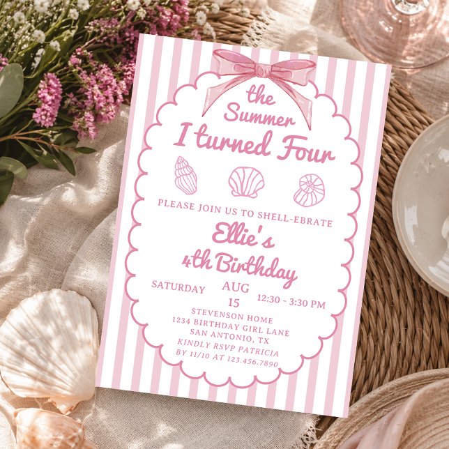 Invitation L'été où j'ai eu quatre ans Rose côtier 4e anniver (Créateur téléchargé)