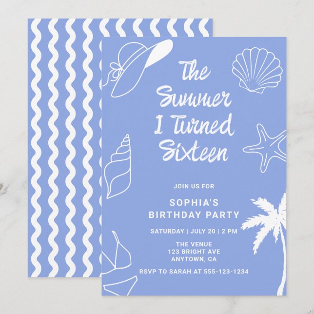 Invitation L'été où j'ai eu seize ans Fête d'anniversaire 16  (Devant / Derrière)