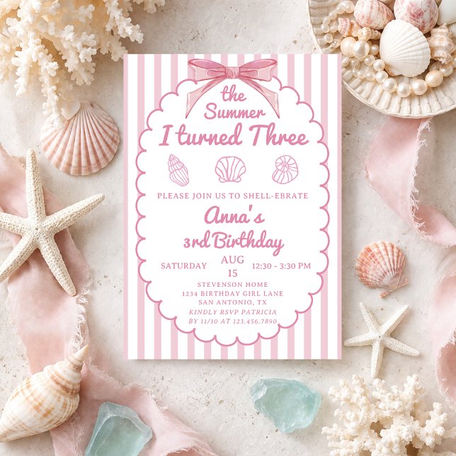 Invitation L'été où j'ai eu trois ans Plage Rose 3e anniversa (Créateur téléchargé)