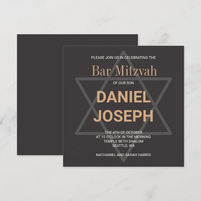 Invitation L'étoile carré de Joyau Bar Mitzvah - doré noir (Devant / Derrière)