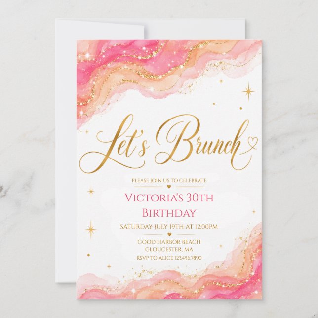 Invitation Let's Brunch à paillettes dorées et aqu (Devant)